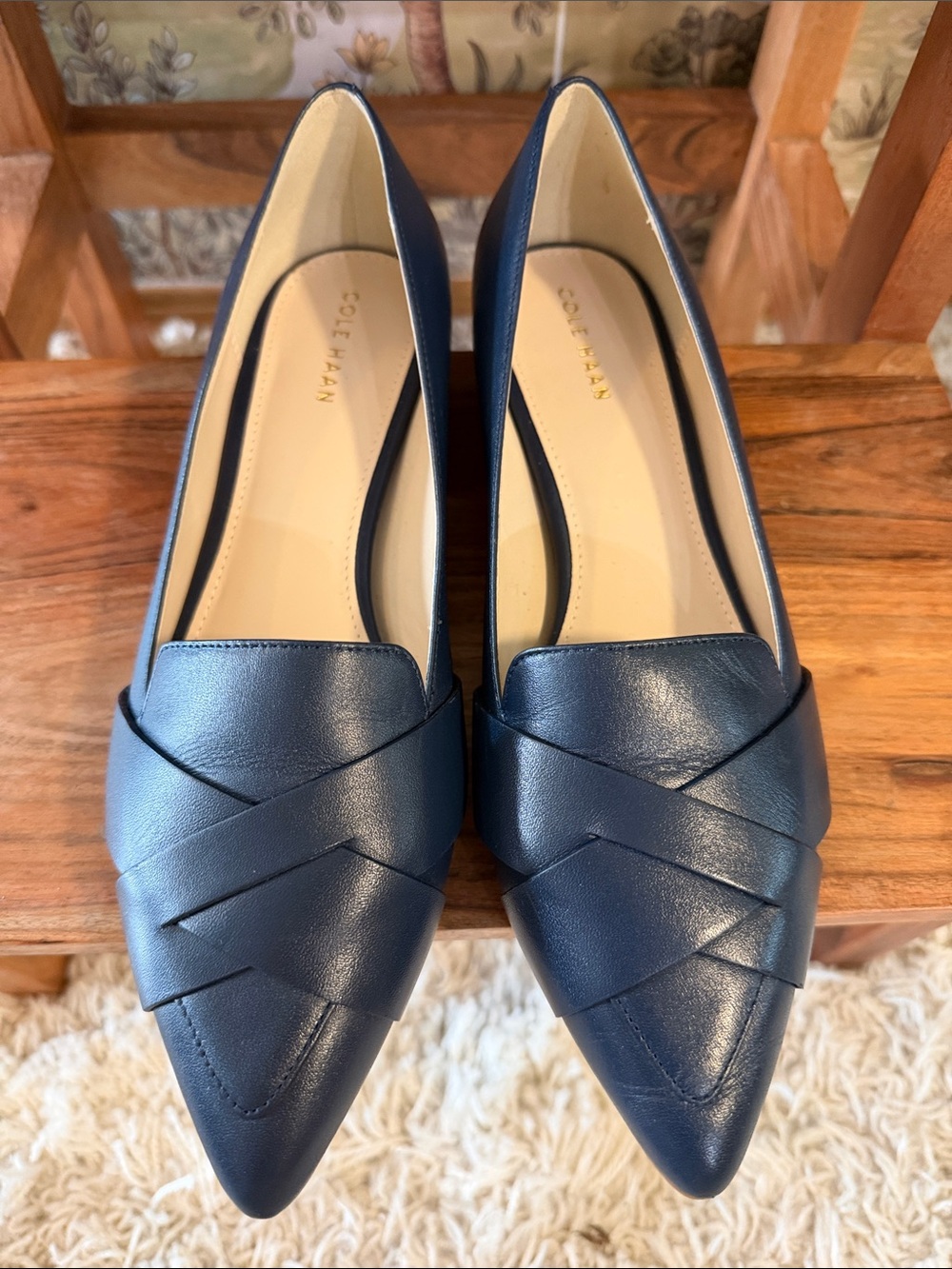 Cole Haan Navy Pointed Leather Knot-Detail Flats